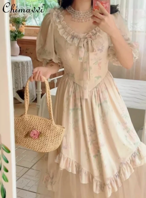 

Heavy Floral Vintage Dress 2024 Summer New Fashion Sweet Girl High Waist Slimming Puff Sleeve Short Temperamental Ladies Dress