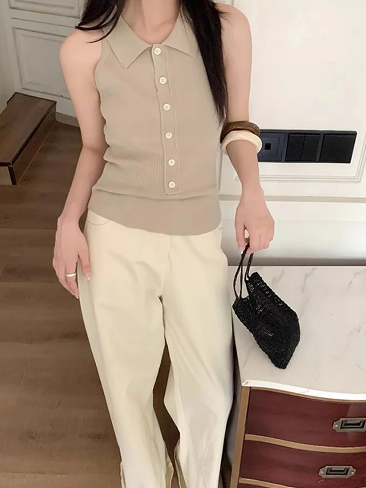 

Slim Fit Ice Silk Knitted Top Svel Vest Faionable Color Youthful Casual Sle Korean Version Button Design