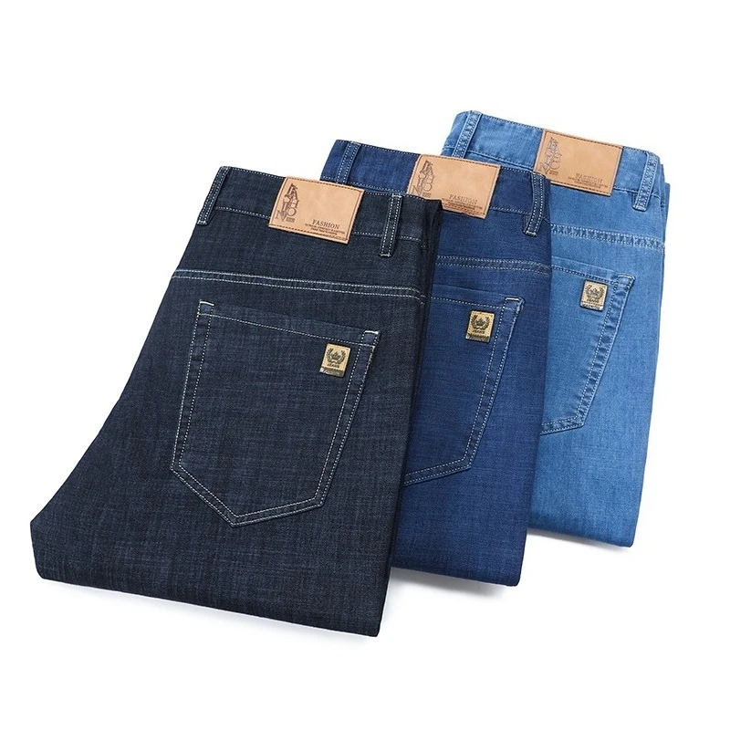 

Men's Summer Business Ice Silk Jeans Elastic Waist Stretch Pants Straight Leg Loose Comfort Soft Casual Male Denim Trousers