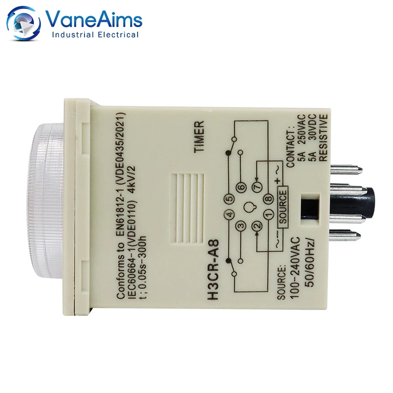 H3CR-A8 Time Timer Relay 100-240VAC 50/60Hz 0.05s to 300h 8PIN Power On and Off Cycle Delay Time Relay Timer Control VaneAims