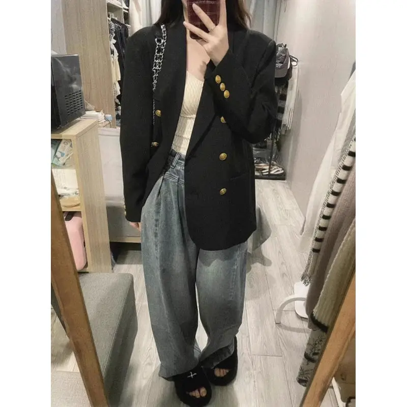 

Women's Collar Double Breasted Retro Suit Autumn Thin Coat Female Long Sleeved Outerwear Vintage Jacket 2000s Clothes