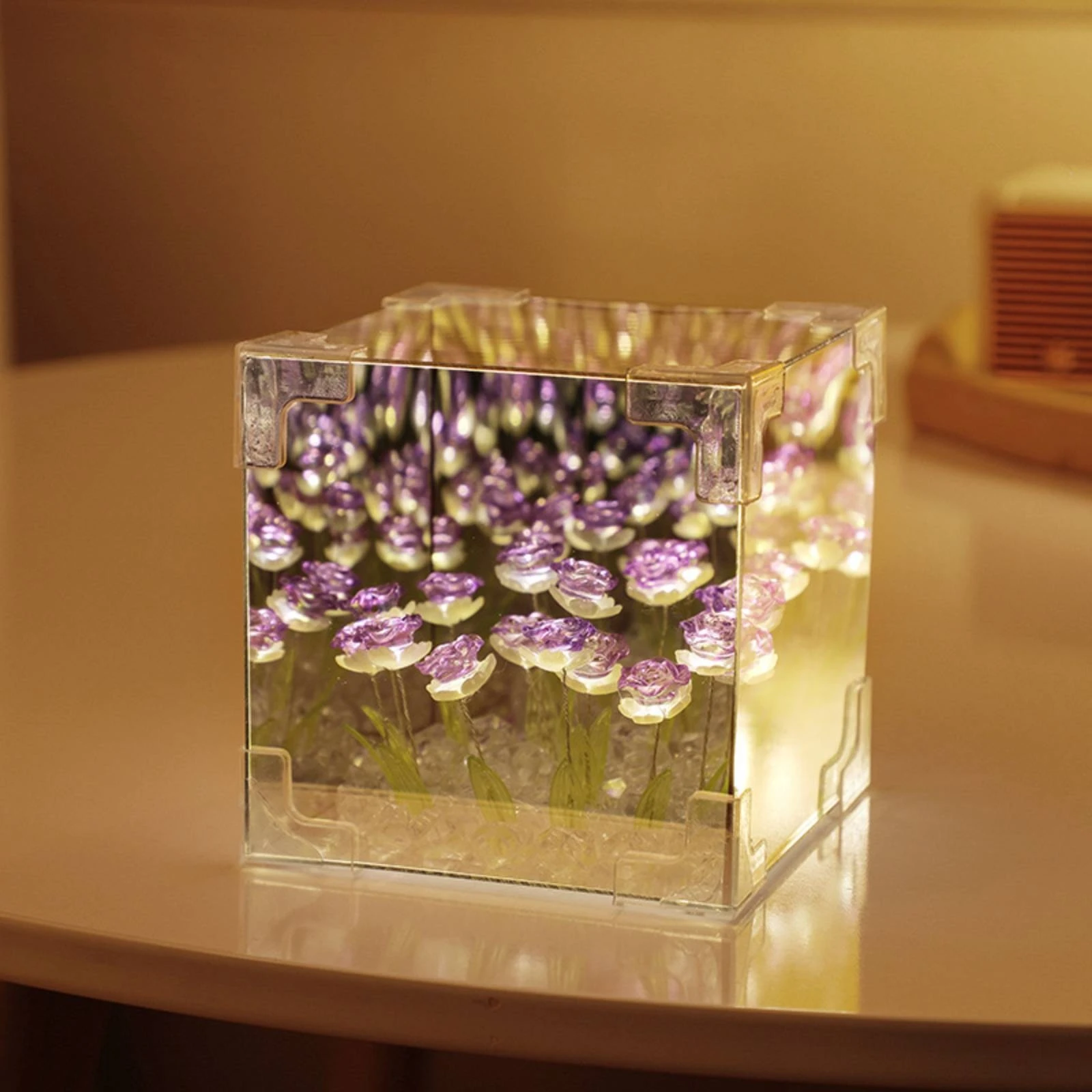 Rose Lamp with Acrylic Cube Floral Rose Night Light Flower Night Light Transparent Flower Lamp Decorative for Bedroom, Desk