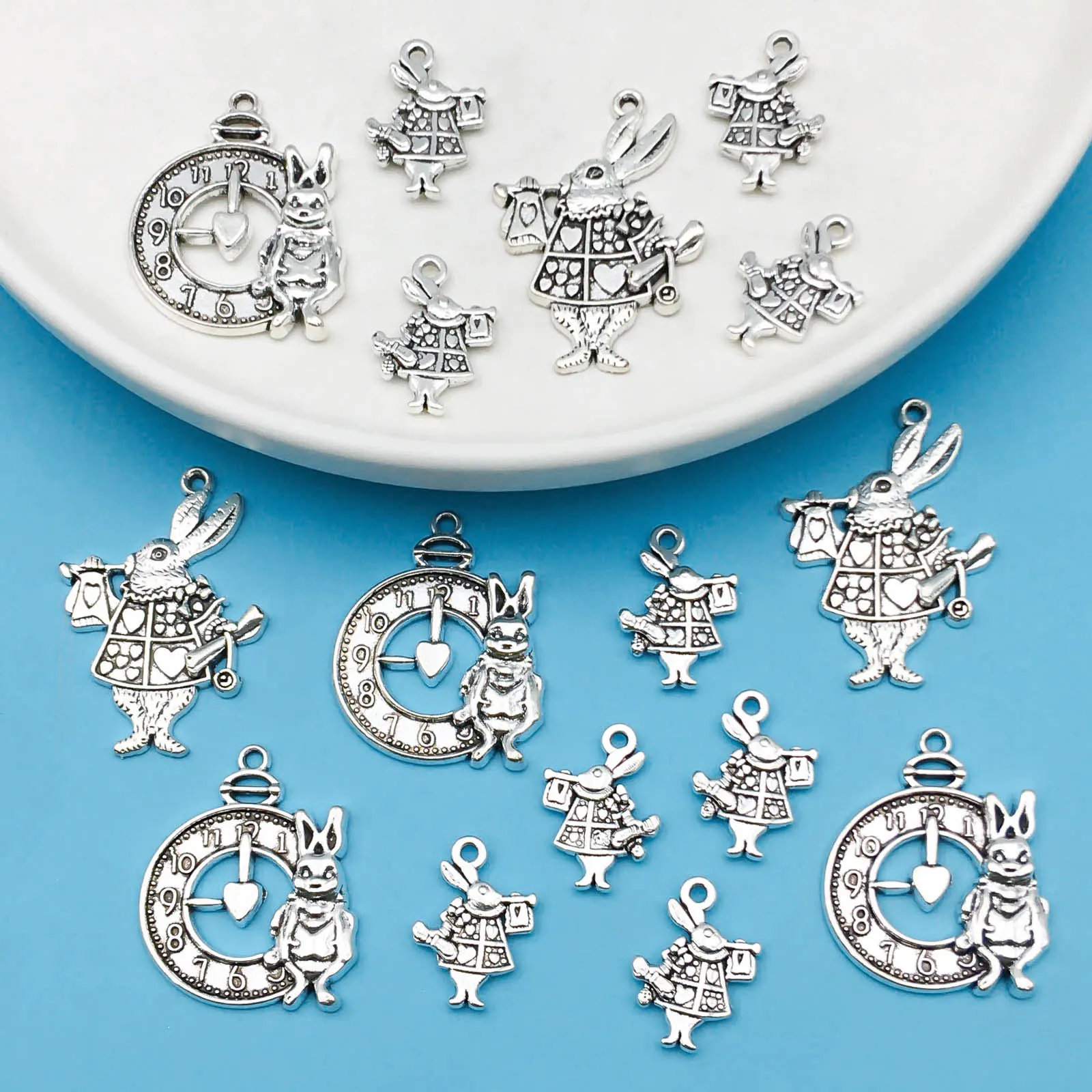 20Pcs Antique Silvery Rabbit Charms Rabbit Clock Pendants For DIY Jewelry Making Handmade Jewelry Accessories Easter Bunny