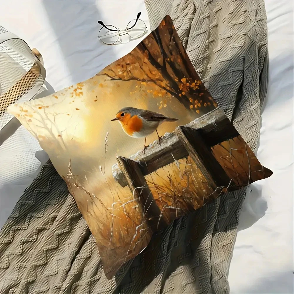 Vintage Robin Bird Pillow Cover Rustic Autumn Landscape Oil Painting Print Cushion Case for Sofa Couch Cottagecore Home Decor