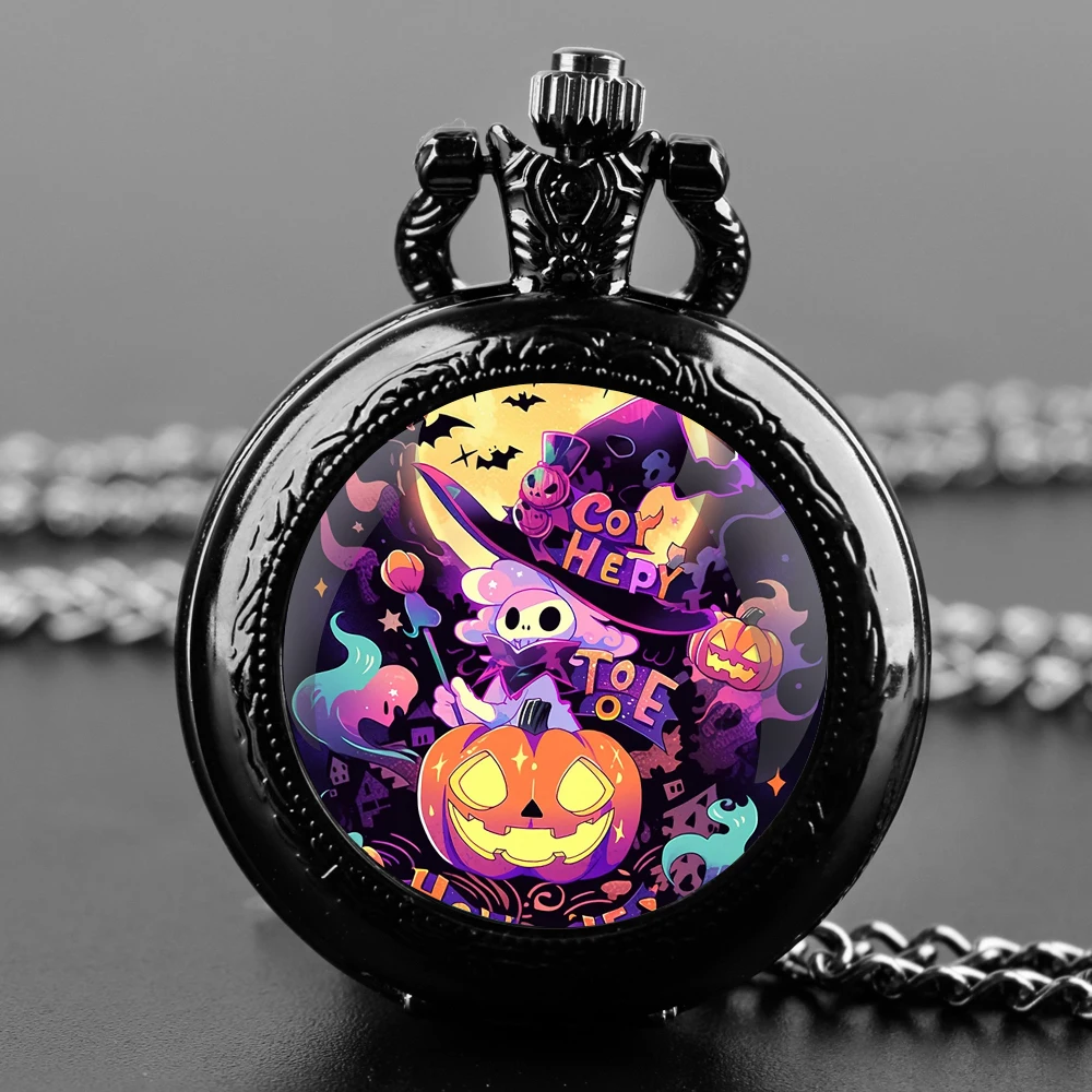 Orologio da tasca al quarzo nero con cupola in vetro a tema Halloween con quadrante con numeri arabi e catena resistente, regalo retrò per uomini e donne