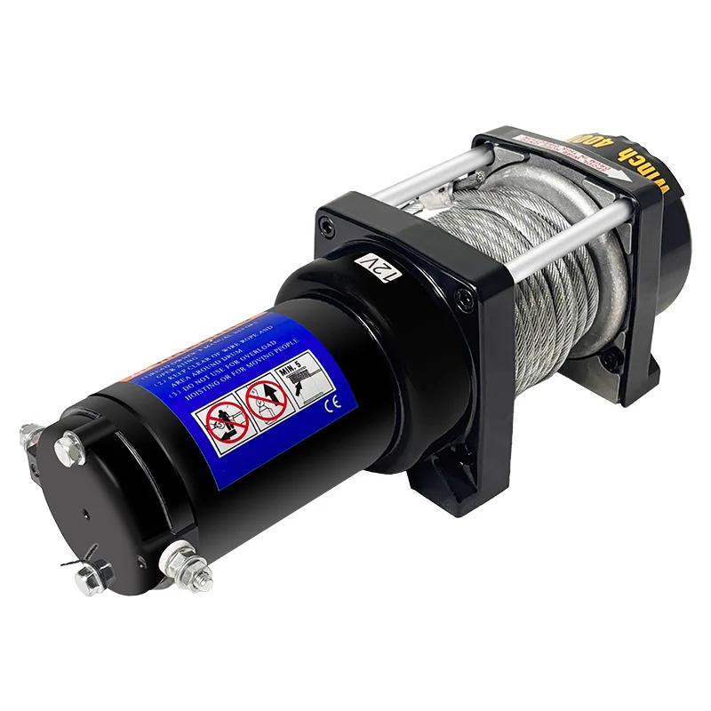 ونش كهربائي محمول 12 فولت تيار مستمر مادة فولاذية سعة رفع 4000 رطل للسيارة والقارب تتميز بحبل أسلاك الفولاذ