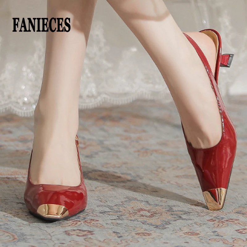 

2026 Burgundy Patent Leather Low Heels Women Pumps Sandals Metal Square Toe Sexy Banquet Prom Slingback Heels Sandalias каблуки
