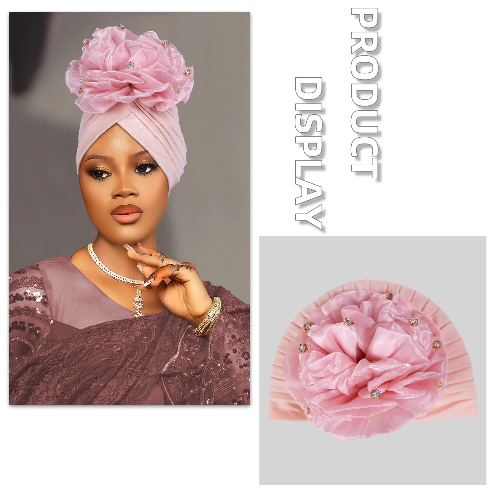 

Big Flower Turban Cap for Women African Geles Headties Bonnet Pleated Hat Muslim Hijab Head Wrap Nigeria Wedding Party Headgear