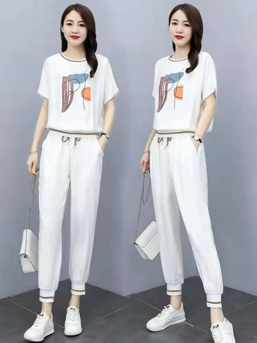Fashionable Casual Slimming Student Two-Piece Set Women's Summer Wear  Polyester Blend Youthful Sporty Ensemble