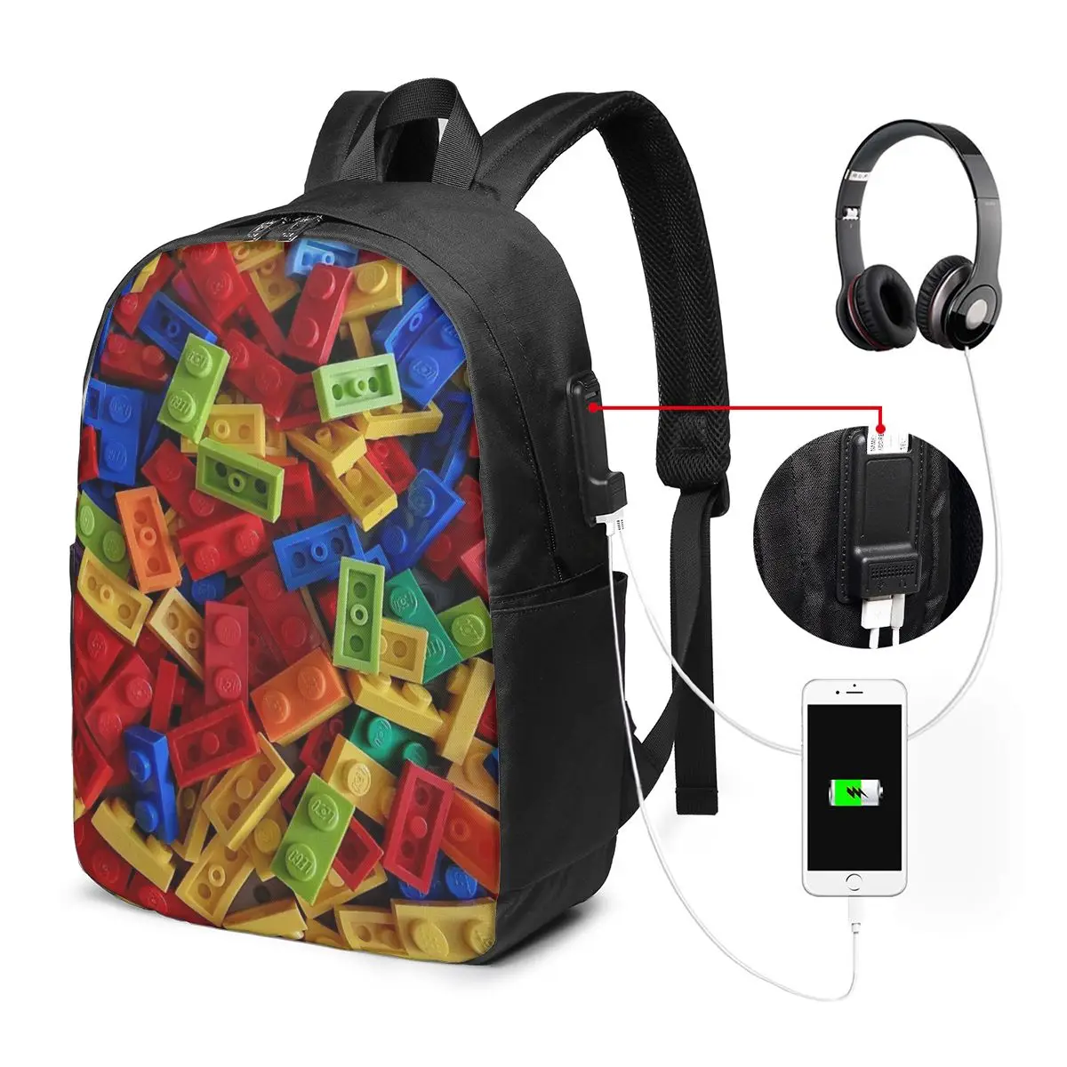 Colorful Building Block Print Backpack Travel Notebook Bag Computer College Student School Bag Laptop Shoulder Bags Men Women