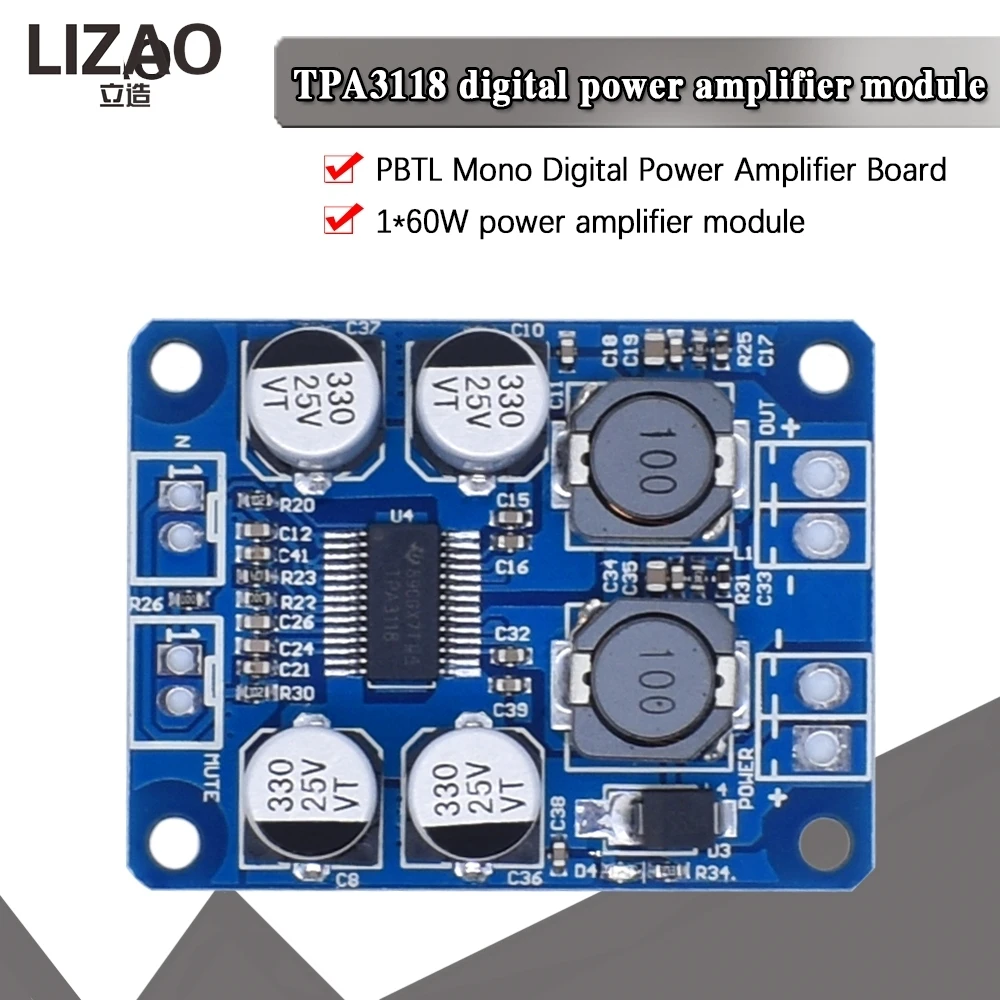 Placa Amplificadora Digital LIZAO TPA3118 PBTL Mono 1X60W DC 12V-24V para Caixas de Som DIY
