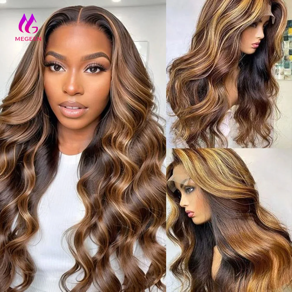 Megeen-正面レースのかつら,波状のカット,ブロンドの蜂蜜,陰影のある色,透明なhd,p4,27,36インチのハイライト