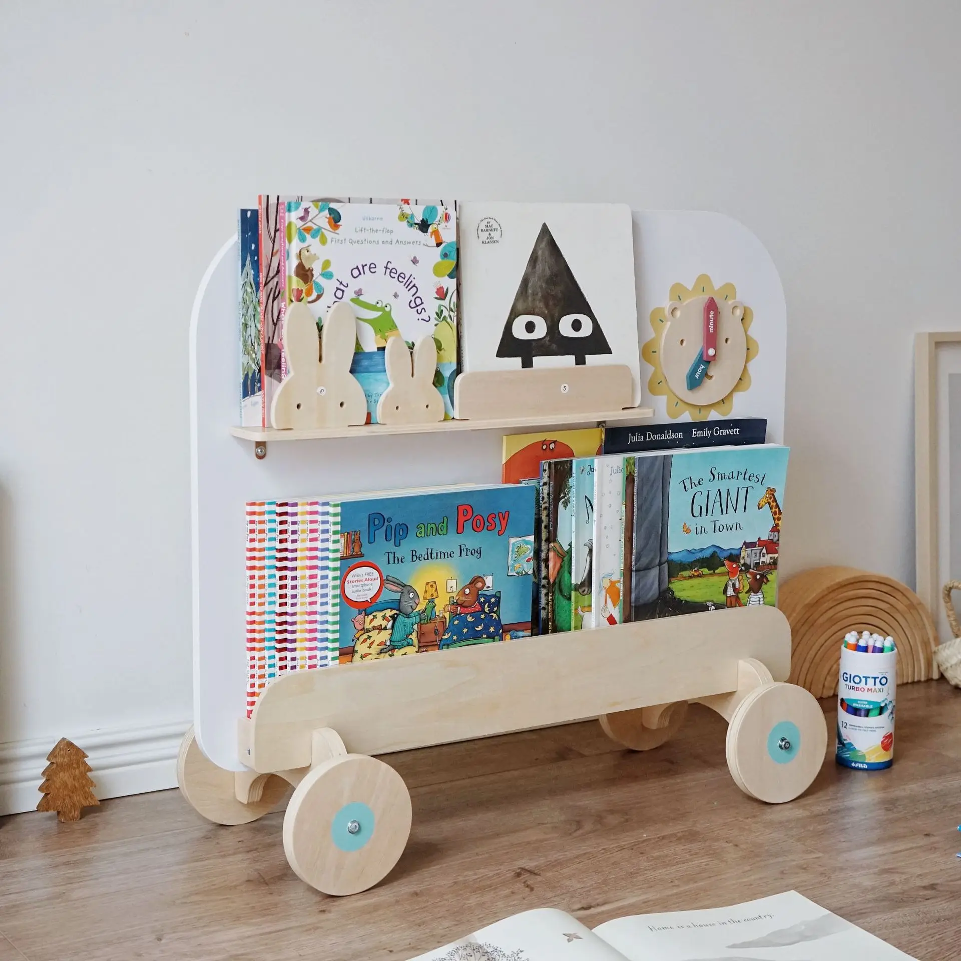 

Korean children's room floor-to-ceiling bookshelf wooden rabbit picture book rack painting board two-in-one multi-layer book sto