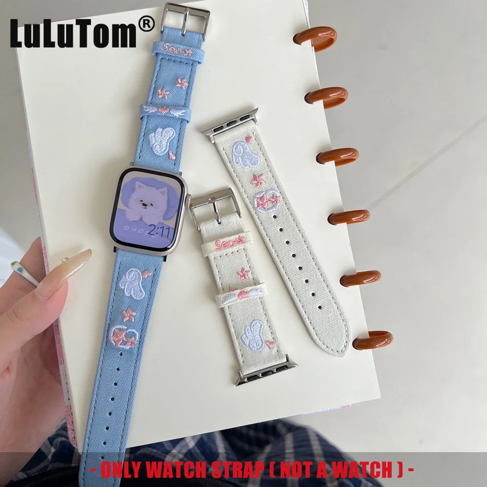 Lucky Embroidered Wings Leather Strap For Apple Watch Band 9 8 7 6 SE 5 4 45/44/42/41/40/38mm IWatch Series Ultra 49mm Bracelets