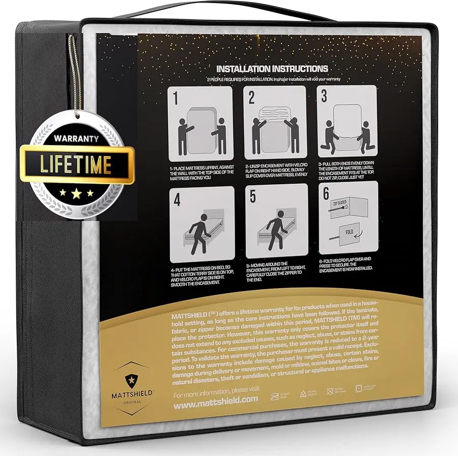 طقم MATTSHIELD Ultimate مكون من 3 قطع - مرتبة مقاومة للحشرات للسرير مقاس كوين 100% قطن علوي + 2 واقيات وسائد بسحاب - 6