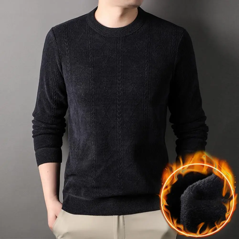 

Men Jumper Cozy O-neck Sweater with Plush Lining Jacquard Texture Knitting Thicken Pullover Tops for Teenagers Autumn Winter Men