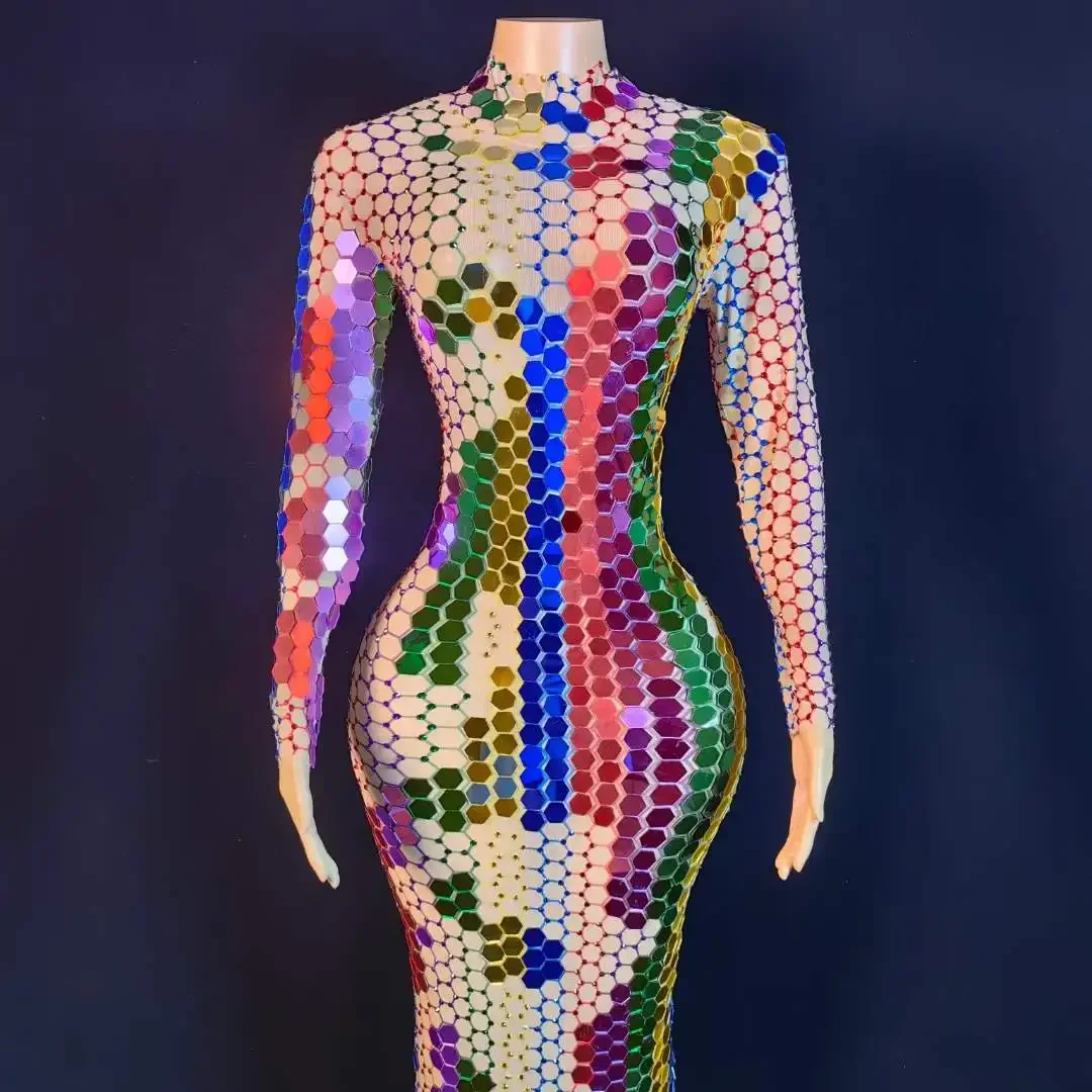 

2026 Long Dress Women Mirror Sequin Stretch Stunning Singer Performance Stage Colorful Mesh Birthday Queen Outfit