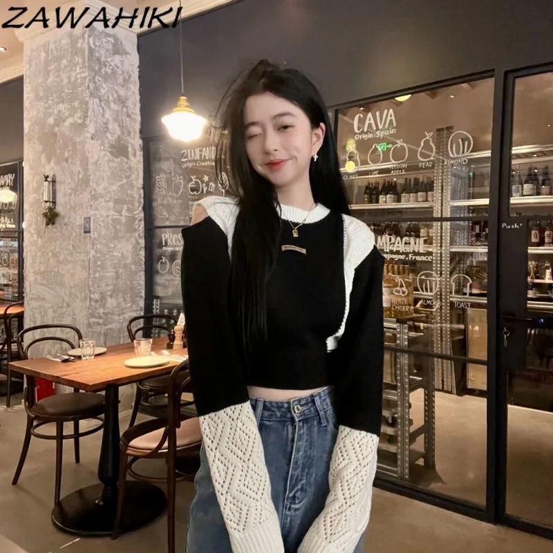 Sweater Women Japanese Sweet Patchwork Contrast Color Off Shoulder Hollow Out Knitted Sueter Mujer Slim Kpop All Match Tops