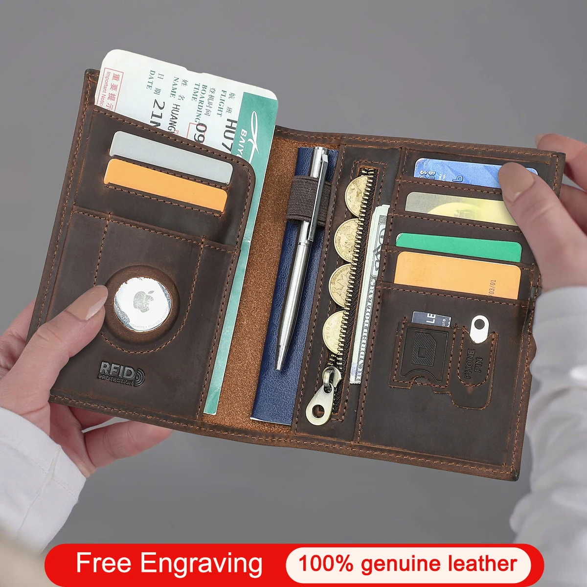 CONTACT'S Genuine Leather Passport Wallet, Vintage Travel Card Holder & Passport Cover, Free SIM Ejector & Name Engraving