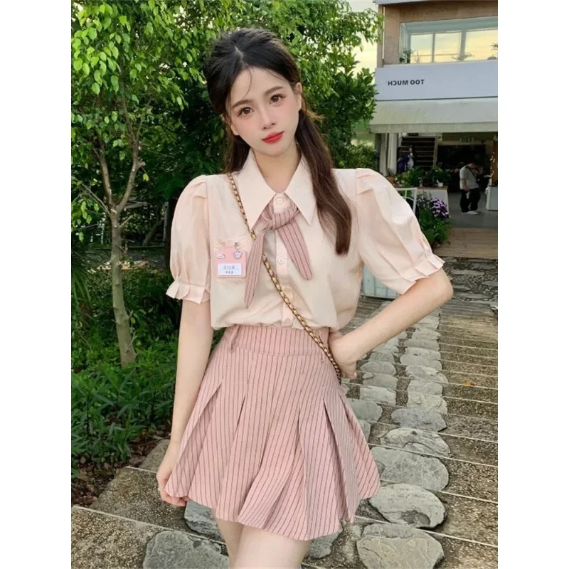 Summer Fashion Pink Jk Uniform Puff Sleeve Shirt Pleated Skirt Tie for Women Sweet Korean Schoolgirl Uniform Sailor Uniform