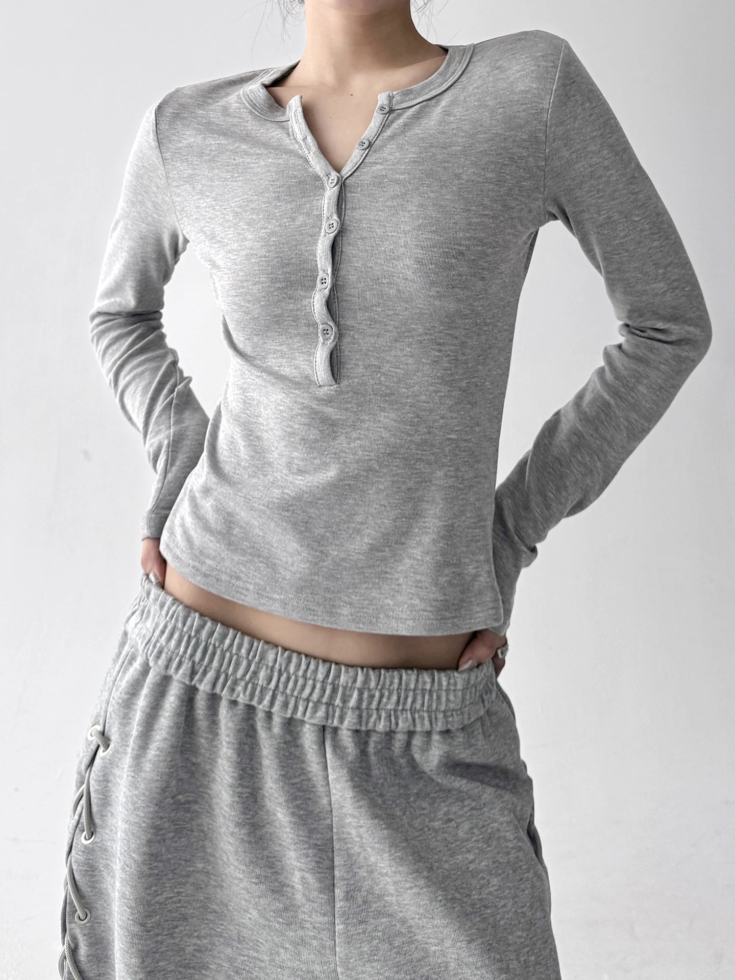 ay Flared Henry Collar Fce Lined Long Sve Slim Fit Women's T-irt Base irt Vintage Sle Polyester Cotton Blend