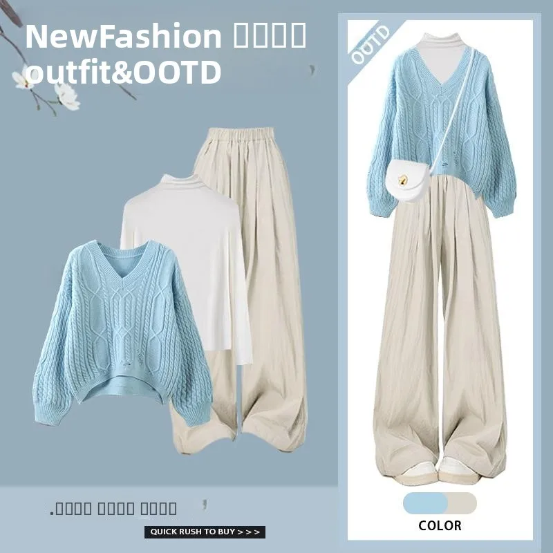 

Anti-Aging Salt Series Knitted Set Casual Loose Outerwear with Casual Pants Three-Piece Suite Spring Design Small Size