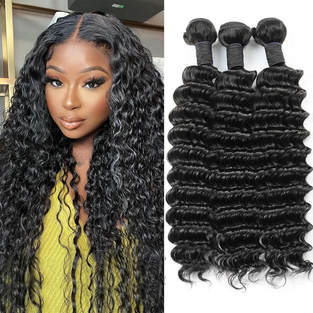 

3 шт. натуральных черных длинных волос с глубокой волной, 36, 38, 40 дюймов, пучки из человеческих волос Реми с двойной прокладкой, натуральные накладные волосы