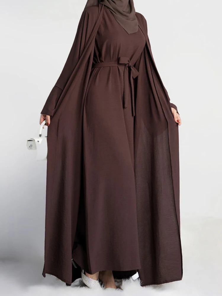 Otevřený abaya 2 kusu sada muslimové žena kimono a bez rukávů hidžáb šaty pláň abayas dubaj krocan ramadánu africký islámské oblečení