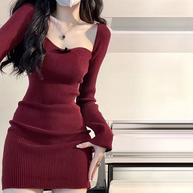 Retro Wine Red Long Sleeves Dress Woman Square Neck Slim Fitting Sexy Leisure Party Night Club Hot Girl Streetwear All-match