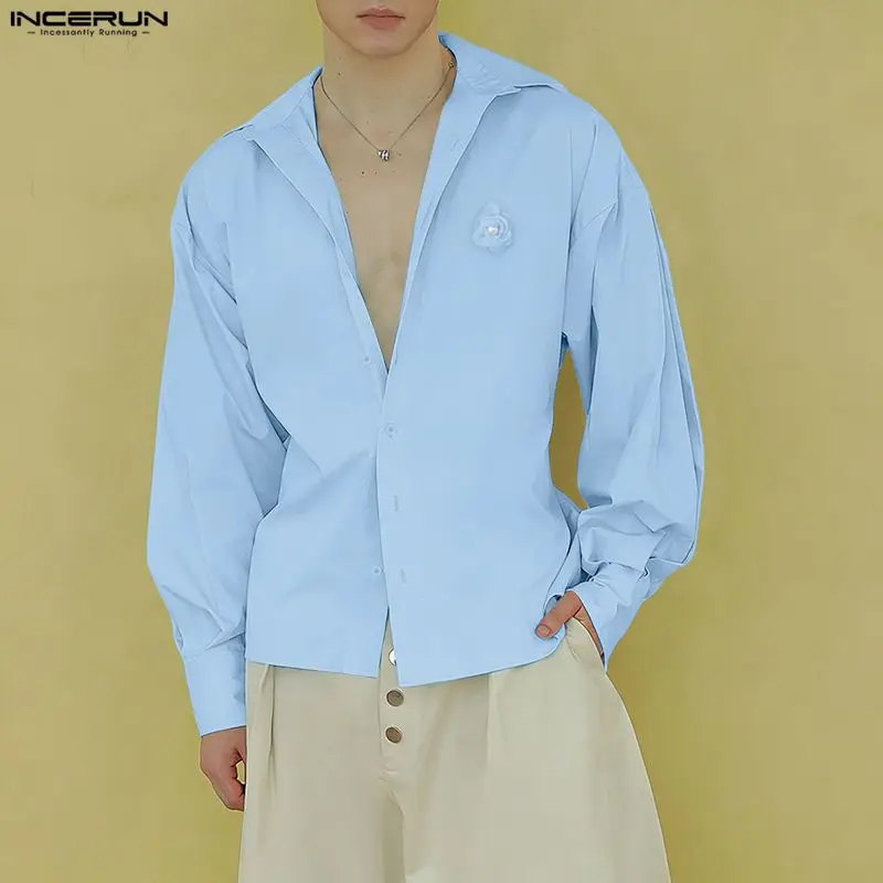 

INCERUN Мужская рубашка с цветочным принтом в стиле пэчворк с лацканами и длинными рукавами, повседневная мужская одежда 2026, уличная одежда, свободные модные мужские топы для отдыха, майки