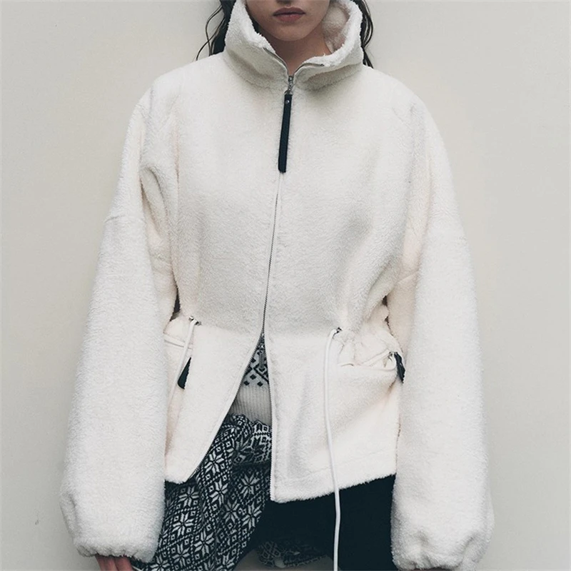 

Осень/зима, новая свободная флисовая куртка с воротником-стойкой y2k, высококачественная женская модная повседневная куртка с двойной молнией и шнурком