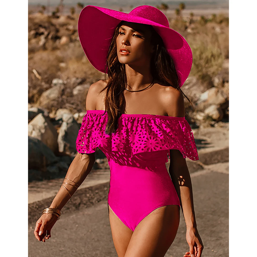 2025 New Sexy Off The Shoulder Solid Swimwear Women One Piece Swimsuit Female Bathing Suit Ruffle Monokini Swim Wear XL