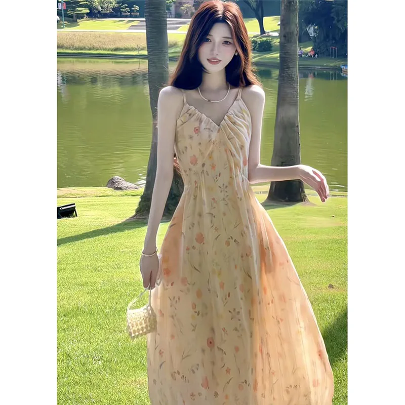 Damen V-Ausschnitt Slip Langes Kleid Rosa Blumenmuster Gerafftes Elegantes Kleid Weibliches Französisches Urlaubskleid Süßes Alltagskleid