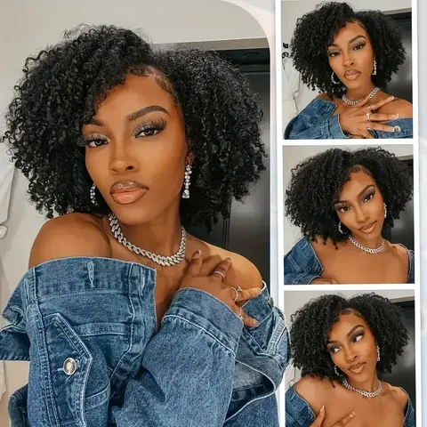 Half Wig Human Hair Kinky Curly Wig Human Hair Ready to Wear 3 IN 1 Half Wig With Drawstring 200 Density Curly Half Wigs 16 Inch