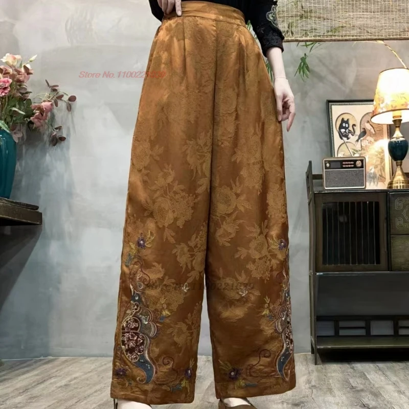 2024 calças vintage chinesas flor nacional bordado cetim jacquard calças cintura elástica calças folclóricas soltas perna larga pantalones