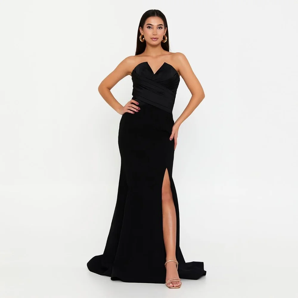 

Customized Modern Style Sizes Available Jersey Criss-Cross Ruched Pleat Mermaid Strapless Long Dresses Bespoke Occasion Dresses