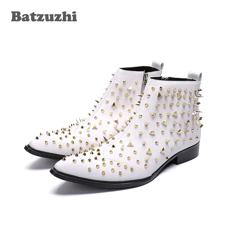 

Мужские ботинки ручной работы Batzuzhi, мужские кожаные ботильоны с белыми заклепками, мужские кожаные ботинки с острым носком, zapatos de hombre, белые мужские ботинки для свадебной вечеринки