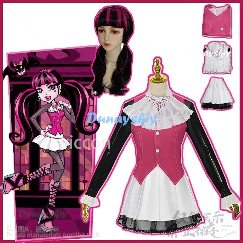 Anime Movie Monster Cosplay Draculaura Costume High Girl JK School Dress Pink Lolita Wigs Vampiree Halloween Christmas Roleplay