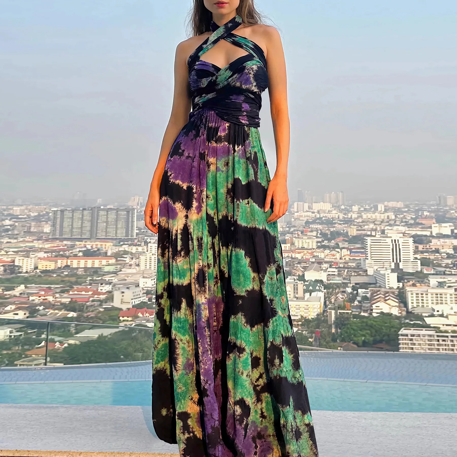 

Sleeveless Long Dress Tie Dye Neck Strap Dress Fashionable and Casual 2025 European and American Summer Women's Long Dress