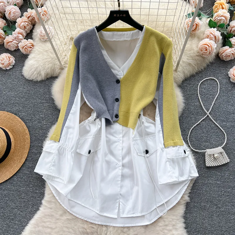 

Autumn New Fashionable Loose Lazy Casual Design fake two pieces Contrasting colors knit patchwork shirts blouses