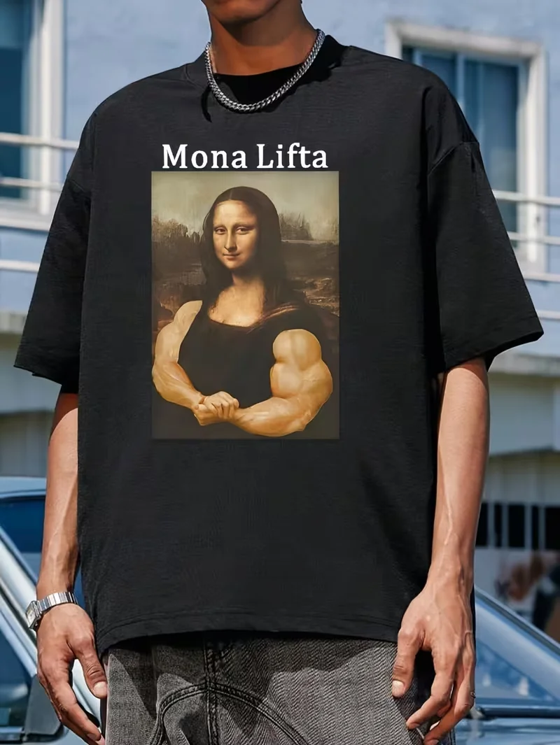 Funny Mona Lisa Parody Graphic Men's T Shirt Women Cotton Tee Oversized Summer Spring Novelty Streetwear Top Humorous Art O-Neck
