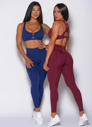 Conjunto de Yoga de 2 piezas sin costuras para mujer, ropa deportiva de entrenamiento, mallas de gimnasio, sujetador de Fitness, Top corto, trajes deportivos de manga larga