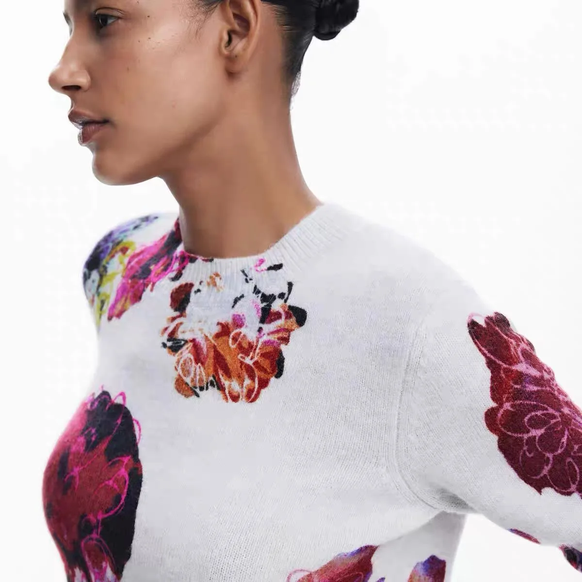 

Pure Spring Autumn Abstract Floral Print round Ne Knitted Sweater Women's Faion Commute Sle Long Sve Regular Fit
