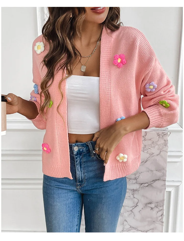 

Sweet Women's Cardigan Solid Color Hand Hook Flower Casual Loose Lazy Style Autumn Winter Knitted Long Sleeved Cardigan Jacket