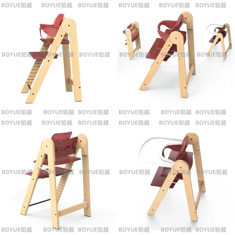 Foldable Wooden Baby High Chair Adjustable Height Beech Dining Seat for Toddlers Infants Over 6 Months Portable Feeding