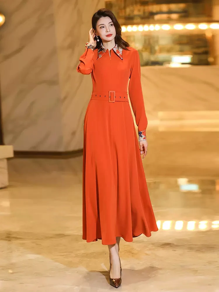 New Women Spring Autumn Mid-Calf Dress Fashion Print Patchwork Long Sleeve Slim Dress Elegant Exquisite Orange red Long Dress