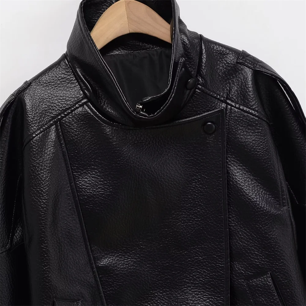 سترة نسائية جديدة غير رسمية متعددة الاستخدامات من الجلد الصناعي بأكمام طويلة وياقة واقفة بلون سادة وفضفاضة