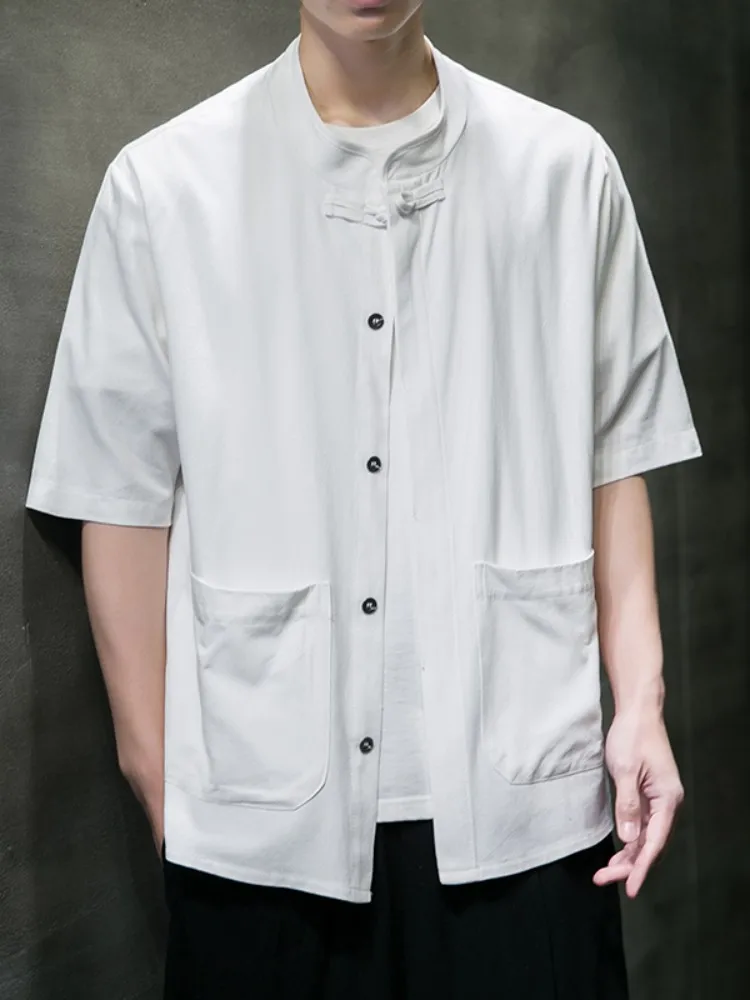 

Linen Cotton Half Sleeve Men's Shirt Chinese Style Vintage Summer Casual Loose Fit Shirt Youth Water Washed Button up