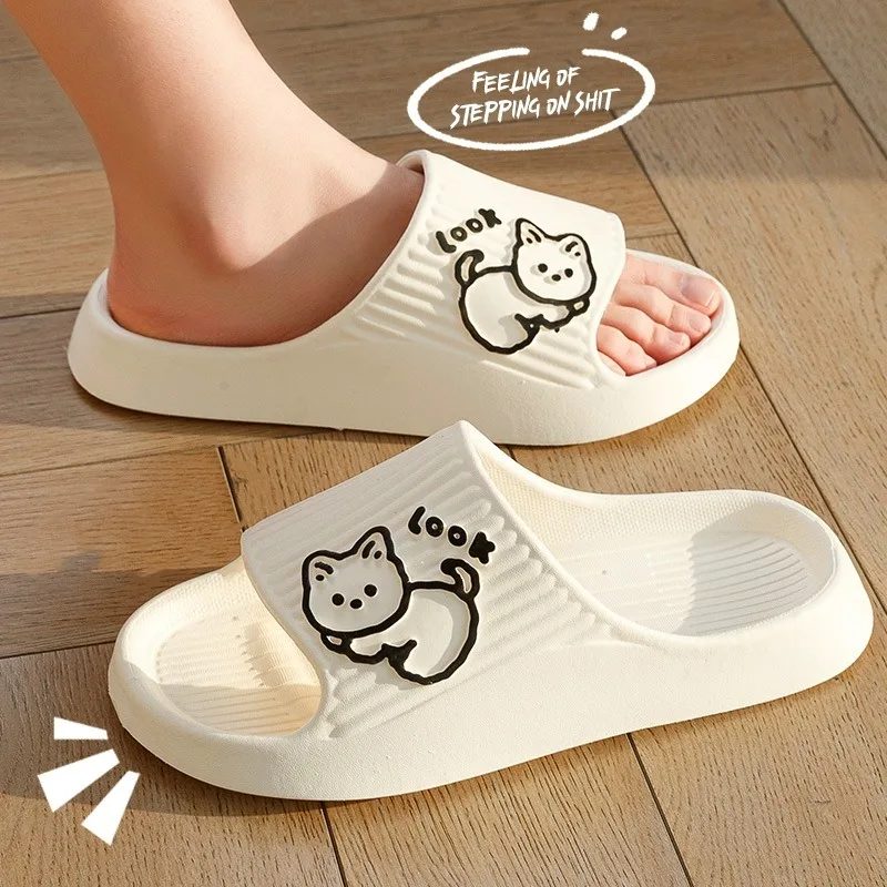 2024 Summer Women Slippers Beach Slides Cartoon Cat Flip Flops Men'S Thick Sole Couple Sandals Indoor Bathroom Anti-Slip Shoes