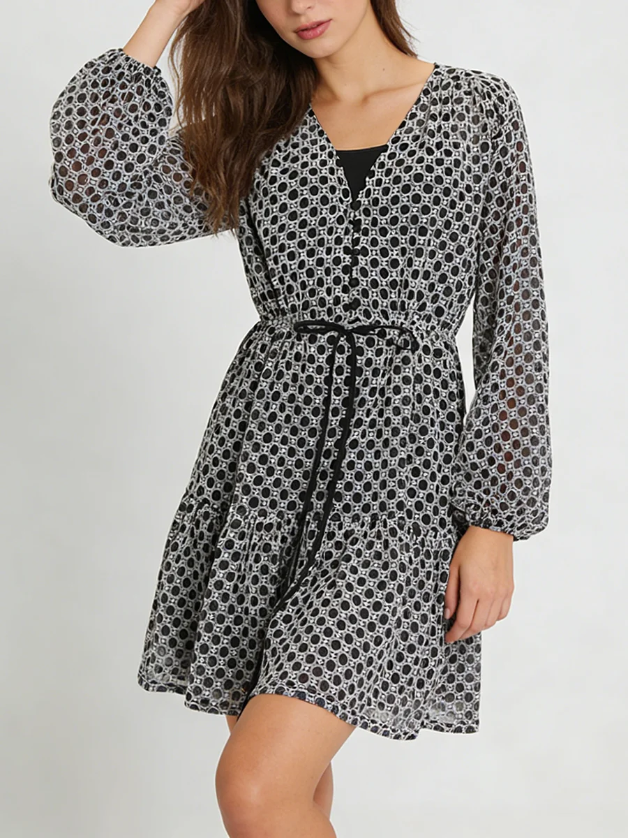 TWOTWINSTYLE Hit Color Sheer Spliced Wave Point Casual Dress for Women V Neck Long Sleeves Tunic Patchwork Bow Dresses Female